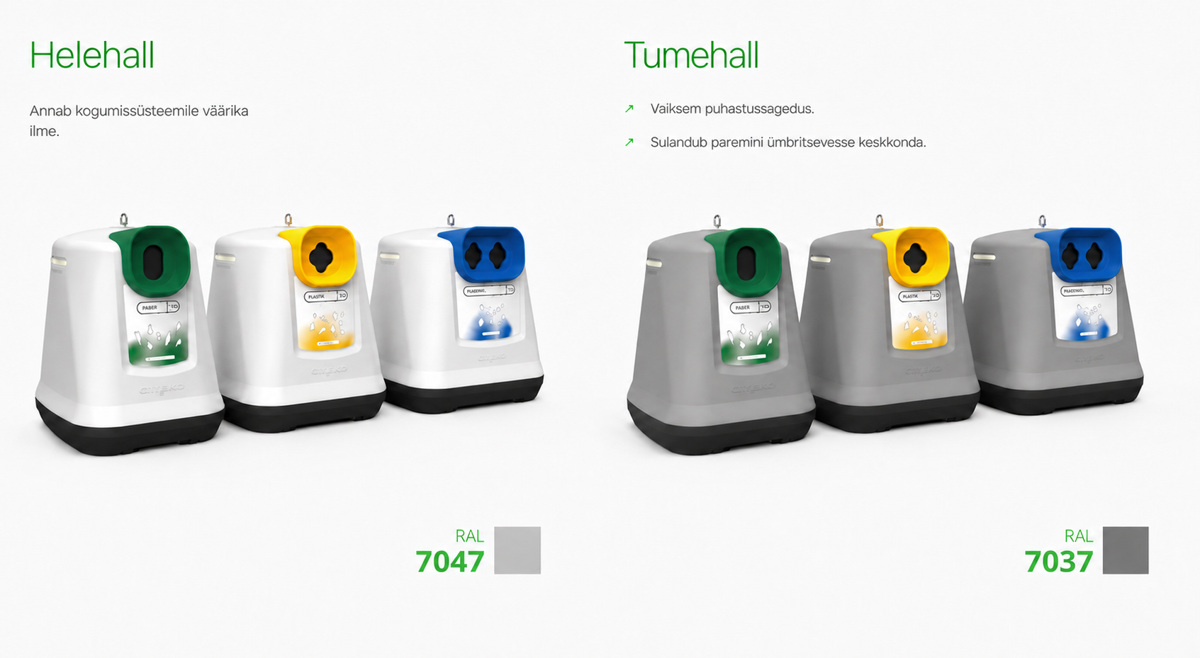 City.Bin helehallid RAL 7047 ja tumehallid RAL 7037 korpused vähendatud tõstekonksudega